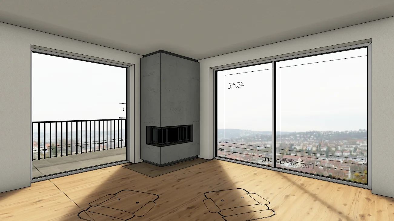 3D-Visualisierung eines Eckkamins zwischen zwei Fensterflächen